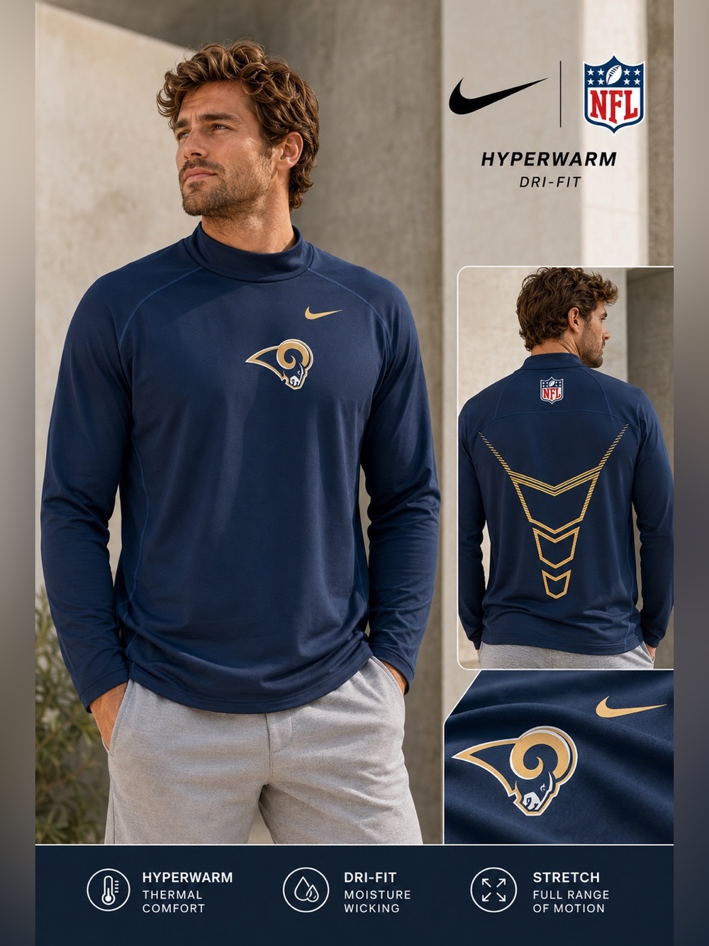 Nike NFL Los Angeles Rams Hyperwarm Dri-Fit Long Sleeve Shirt XXL Football I